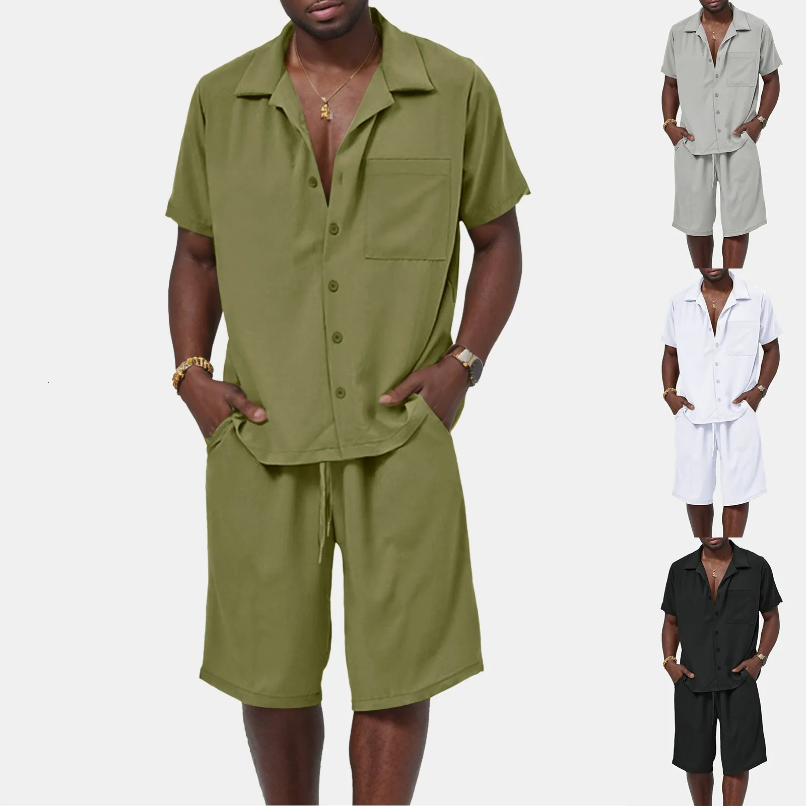 Mens Short Sleeve Shorts Two Piece Set Solid Color Button Down Beachwear Summer Loose-Fit Cardigan Tops Shorts Male Outfit 250617