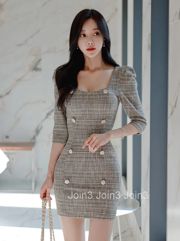 Spring Autumn Fashion Vintage Work Style Formal Pencil Short Dress Women Clothes Elegant Office Plaid Puff Sleeve Slim Vestidos