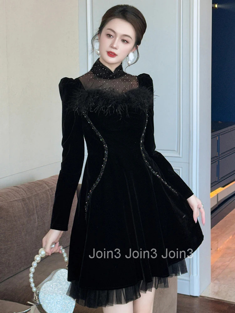 Women Clothes Retro Black Velvet Sheer Mesh Sexy Stand Neck Slim A-Line Mini Short Dress Elegant Fashion Party Vestidos Casual