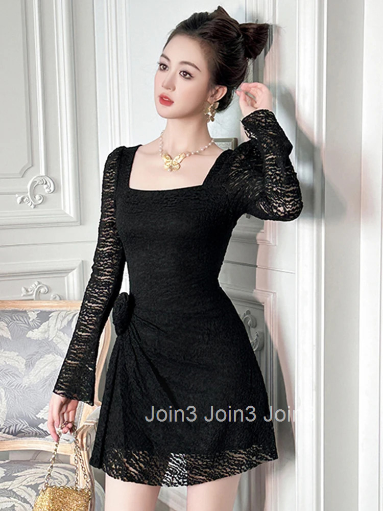 Women Clothes Sweet Lace Floral Sexy Square Neck Slim A-Line Mini Short Dress Elegant Fashion Evening Party Prom Vestidos Casual