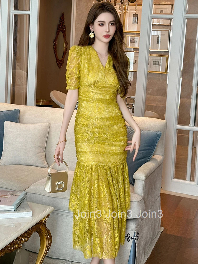 New Summer Fashion Lace Vacation Evening Long Dress Women Clothing Sweet V-Neck Folds Slim Party Prom Vestidos Fiesta Robe Femme