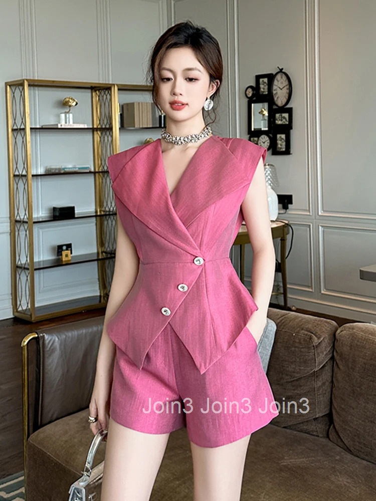 New Summer Formal Casual 2 Pieces Outfit Women Clothes Elegant Sleeveless Tops Shirt Blouse And High Waist Shorts Mujer Slim Set