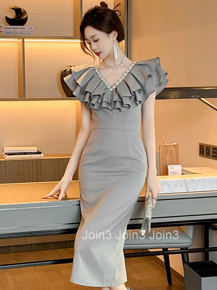 Women Clothes Gray Ruffle V-Neck Slim Midi Pencil Dress Elegant Luxury Fashion Evening Party Vestidos Casual Formal Occasion New