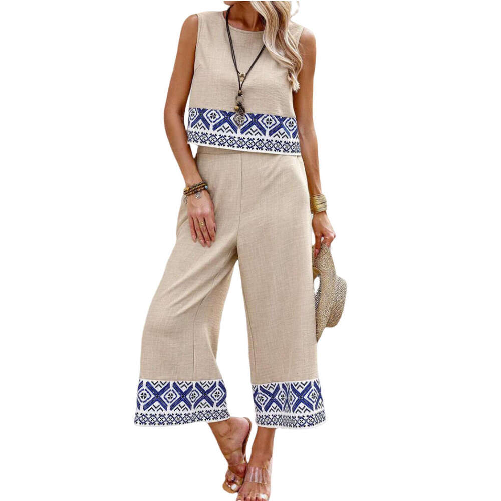 New Summer Printed Casual Top And Wide-Leg Pants Two-Piece Set For Women Ethnic Style B5