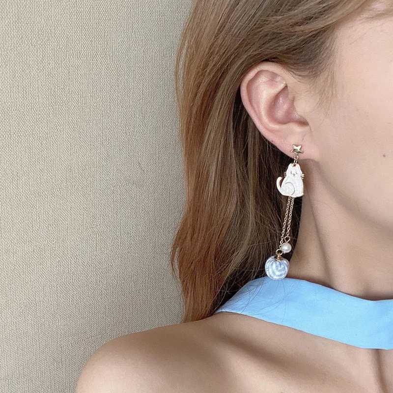 New Trend Blue Flower Dangle Earrings For Women Cute Animal Cat Cherry Blossoms Asymmetrical Earring Party Kitten Jewelry Gifts XJ250623