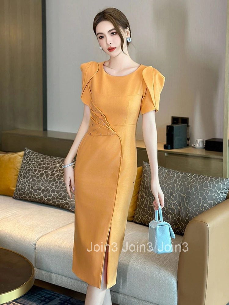 Elegant Office Summer Business Evening Dress Women Clothes Formal Occasion Solid O-Neck Slim Party Prom Vestidos Fiesta Fashion