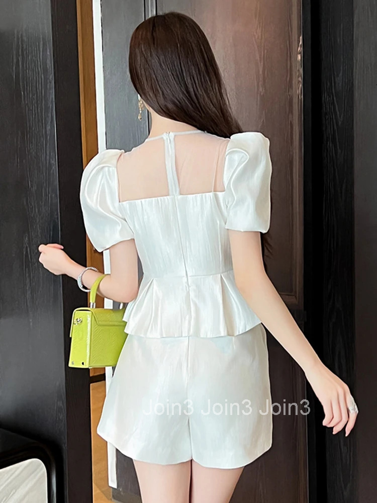 New Elegant Luxury Diamonds Satin Solid Short Shirt Women Clothes Retro Puff Sleeve Slim Folds Sweet Bow Mujer Tops Prom Blouse