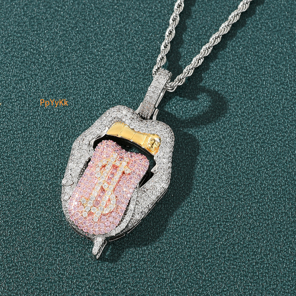 Luxury Moissanite Hip Hop Necklace Diamond Studded Tongue Out Lips Dollar Pendant Trendy Personalized Accessory Pass the diamond tester