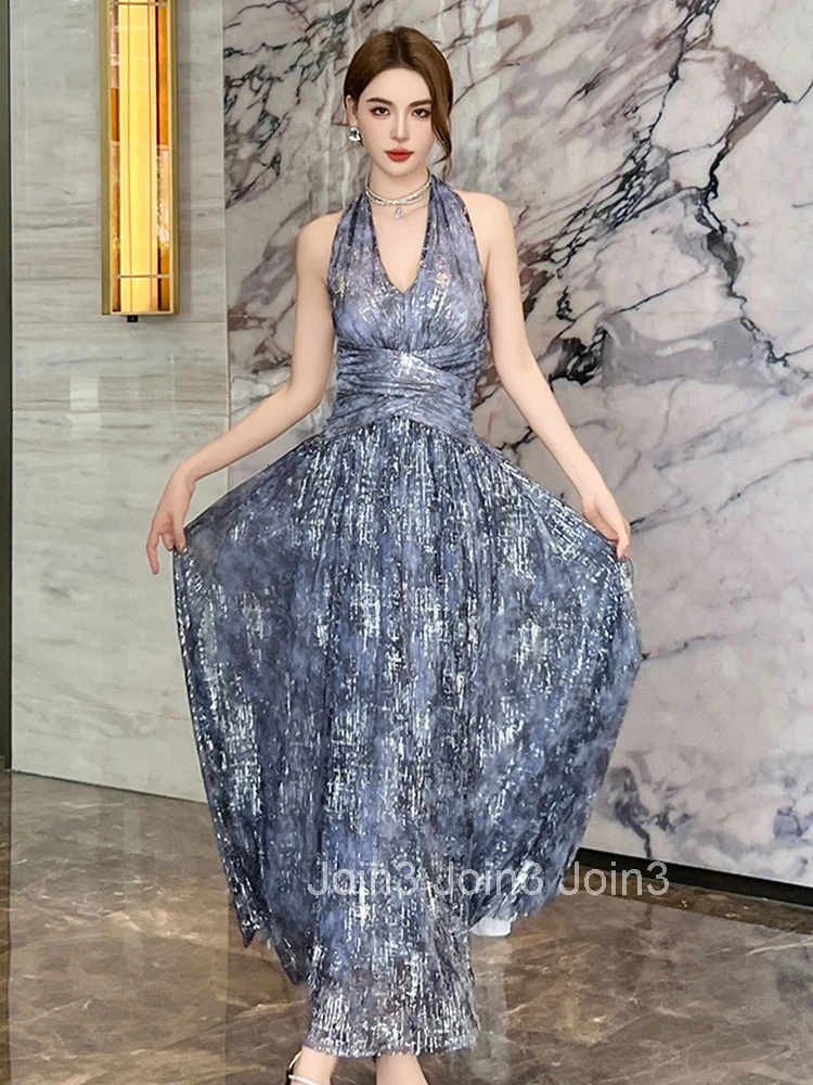 New Elegant Summer Sparkly Evening Dress Women Clothes Retro Sexy Halter Slim Maxi Party Prom Robe Beach Vestidos Fiesta Fashion