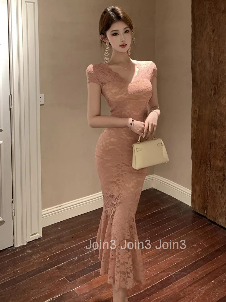 French Gentle Party Dress Women Sweet Elegant Pink Sheer See Through Lace Boydocn Fishtail Robe Female Prom Street Vestido Mujer