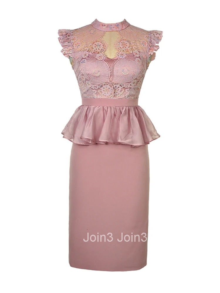 New Summer Elegant Office Women Evening Dress Chic Lace Pink Sheer Sexy Hollow Slim Midi Pencil Party Prom Femme Mujer Vestidos