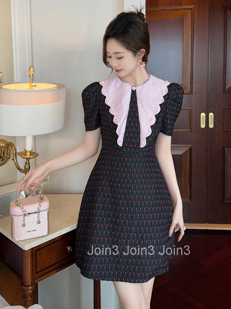 Summer Preppy Style Retro Black Embroidery Gown Evening Dress Women Clothes Puff Sleeve Short A-Line Party Prom Vestidos Fiesta