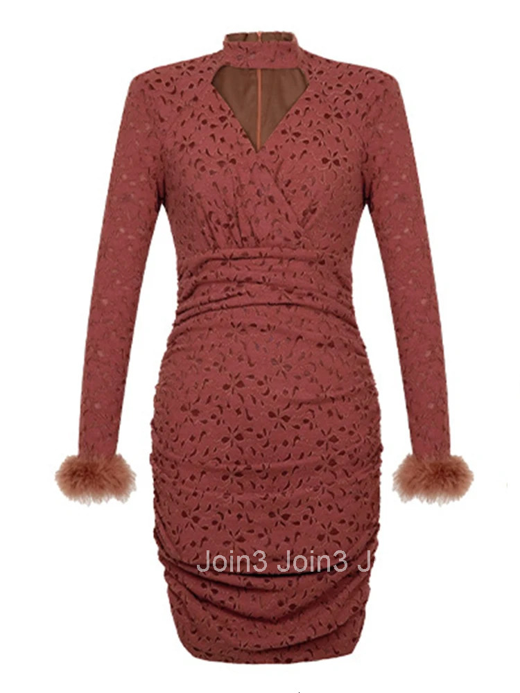 Women Clothes Retro Lace Floral Hollow Sexy Stand Neck Folds Skinny Mini Short Dress Elegant Party Vestidos Casual Autumn Winter