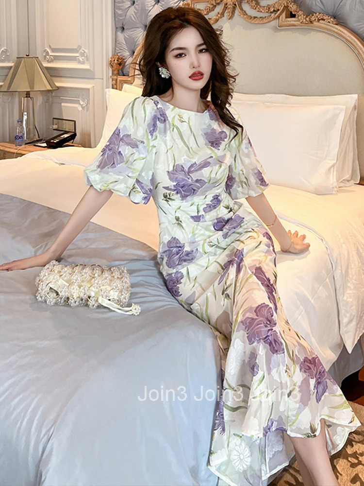 Summer Elegant Office Women Evening Dress Sweet Floral Print O-Neck Slim Midi Fishtail Party Prom Beach Robe Femme Mujer Vestido