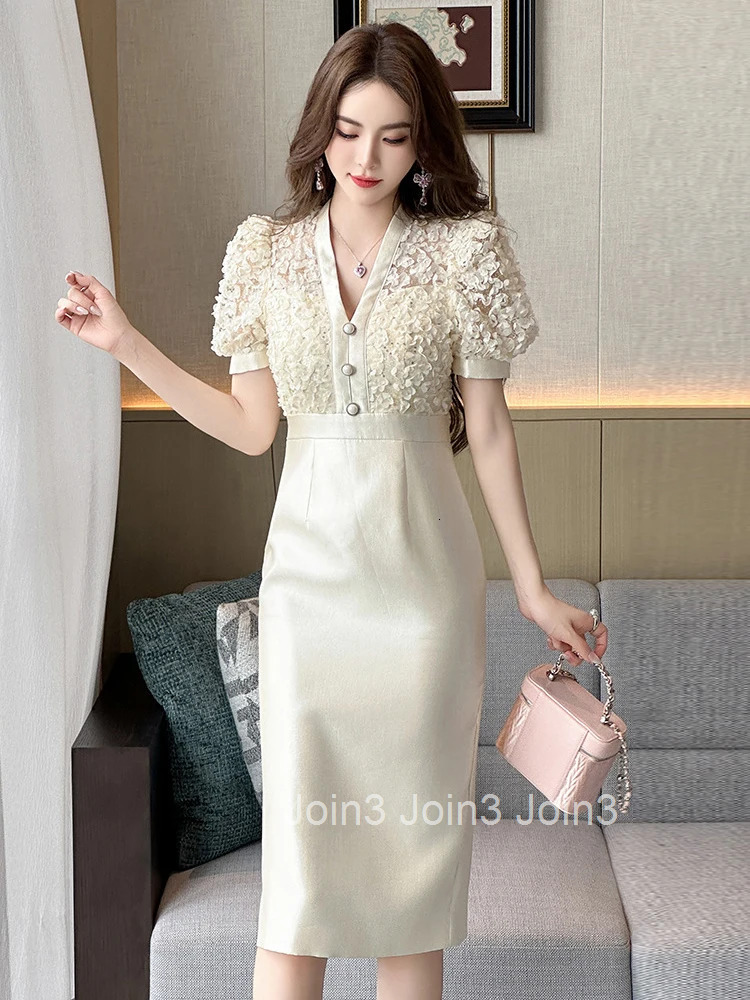 Summer Fake 2 Pieces Elegant Office Formal Occasion Pencil Dress Women Clothes Commute Puff Sleeve Slim High Waist Midi Vestidos