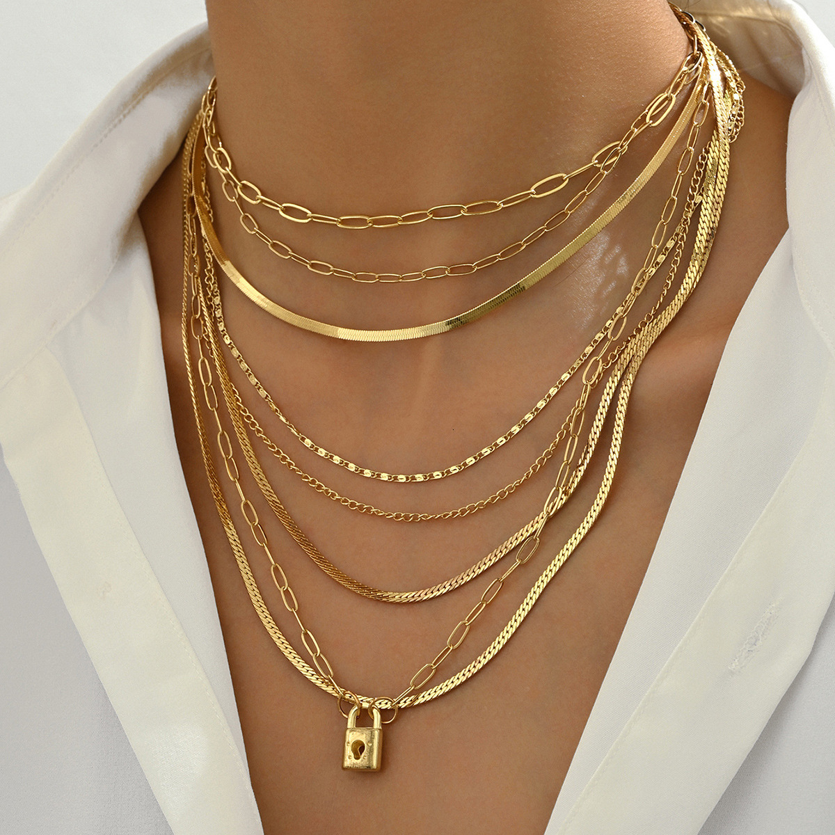 Minimalist Style Multi-layer Necklace for Women Fashion Lock Design Long Hip-hop Clavicle Chain