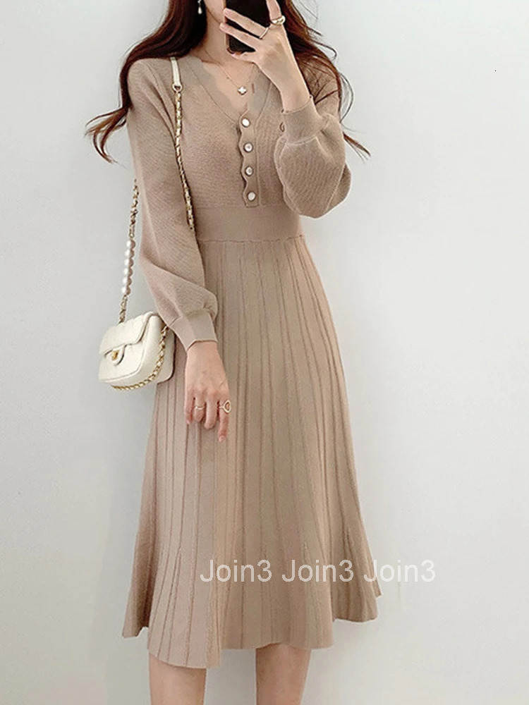 New Fashion Autumn Winter Knitted Long Dress Women Ladies Clothes Sweater Inner-Match V-Neck Slim Midi Mujer Robe Femme Vestidos