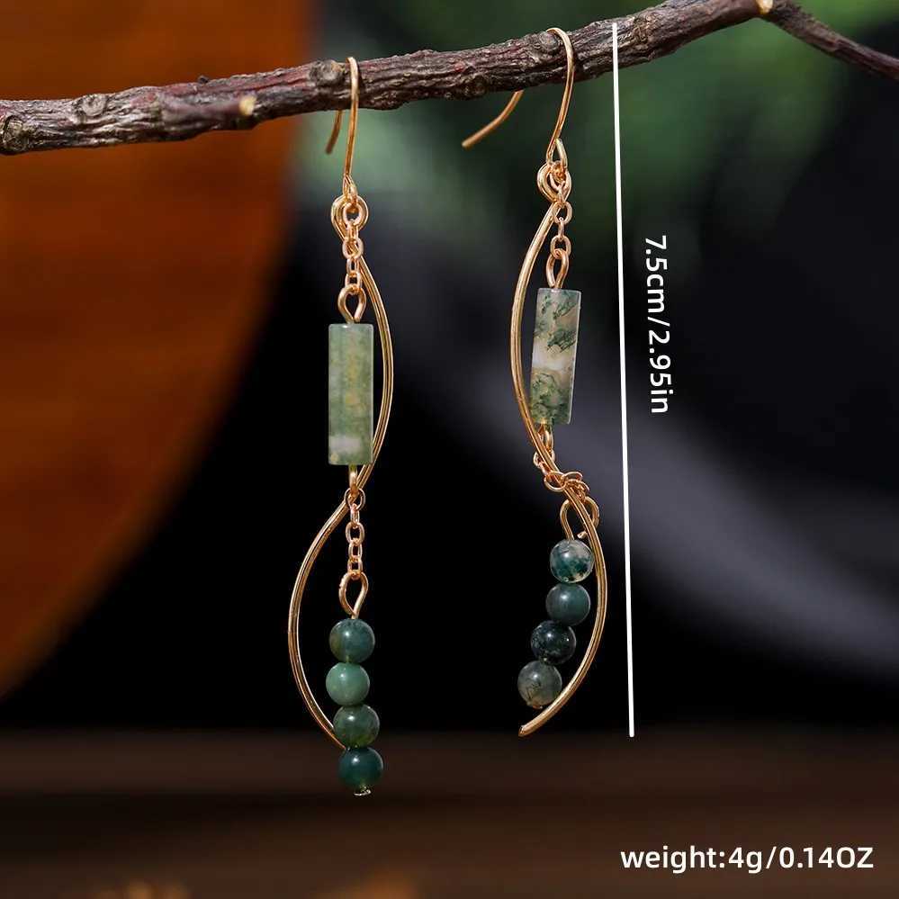 Personality Design Curved Earrings For Women Vintage Green Stones Round Beads Pendants Ladies Ear Accessories Jewelry EarringsXJ250623