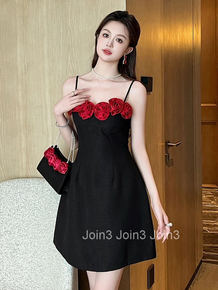 Summer French Romance Black Floral Evening Dress Women Clothes Sweet Sexy Sling Slim A-Line Short Party Club Prom Vestido Fiesta
