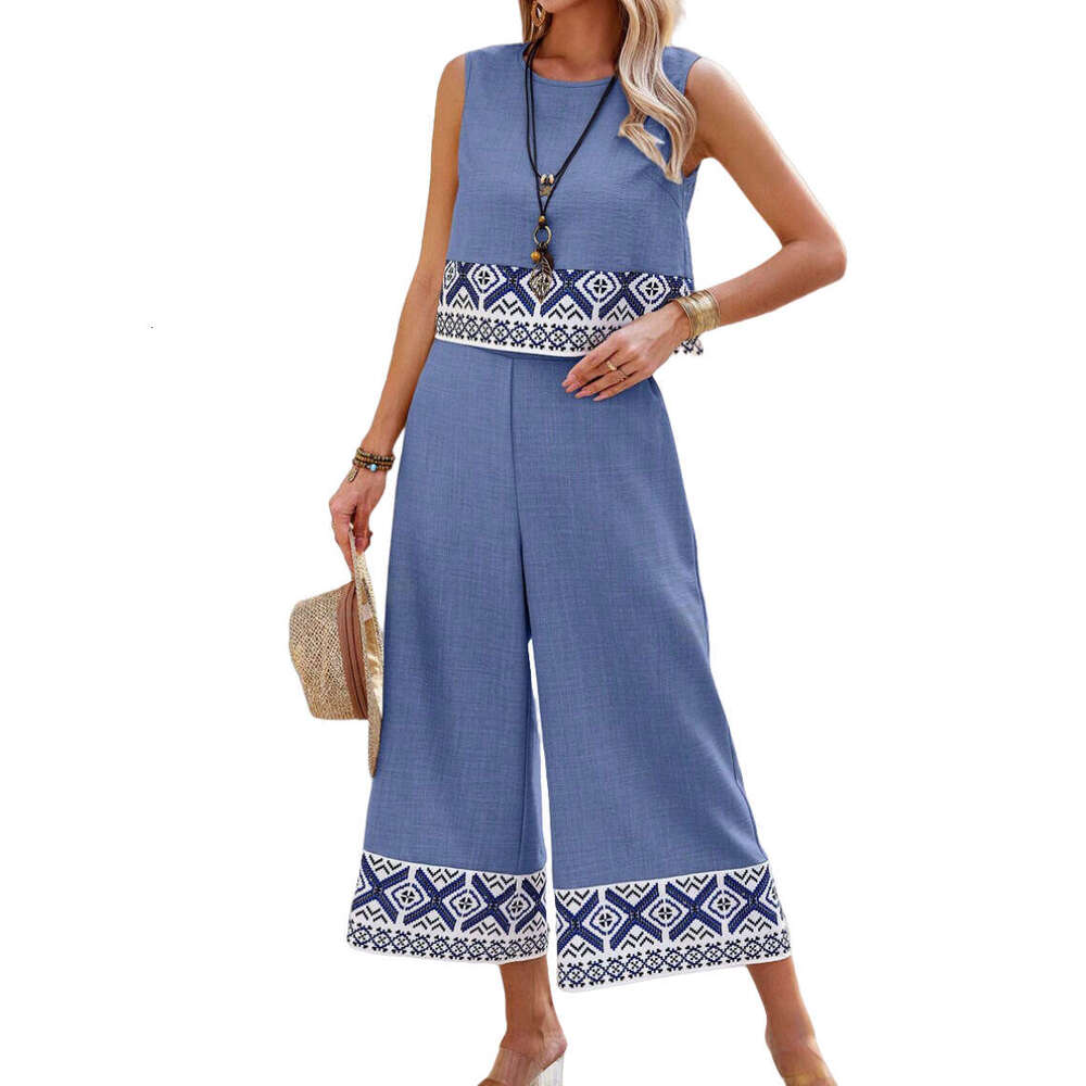 New Summer Printed Casual Top And Wide-Leg Pants Two-Piece Set For Women Ethnic Style B5