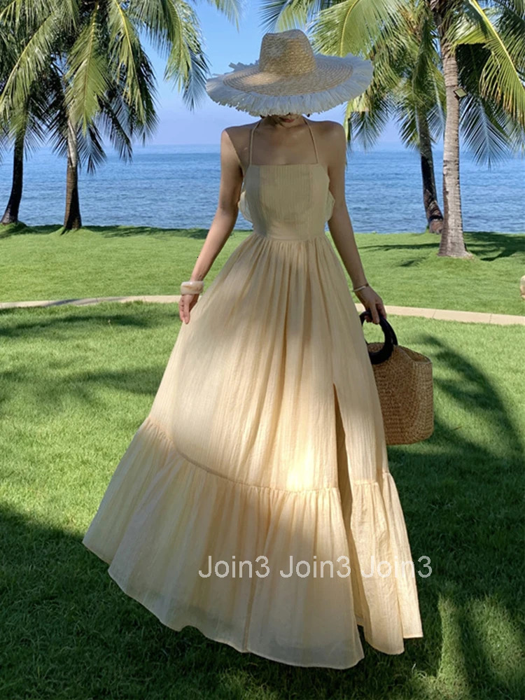 Women Vacation Clothes Sweet Sexy Sling Backless Slim A-Line Maxi Long Dress Elegant Fashion Party Prom Vestidos Robe Beach New