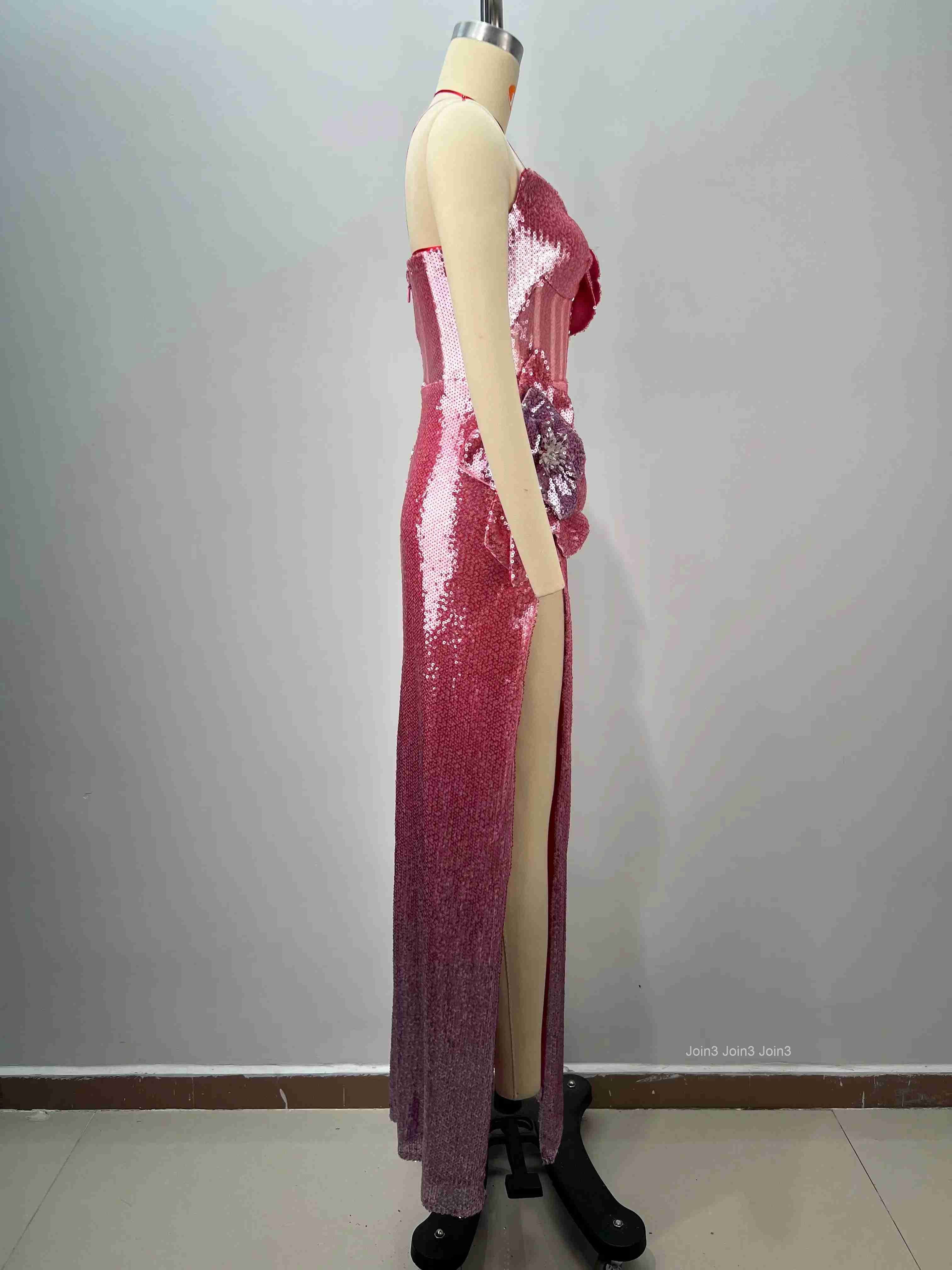 Womens Pink Bandage Dress Sequin 3D Floral Appliques Halter Neck High Slit Evening Gown Formal Party Dress