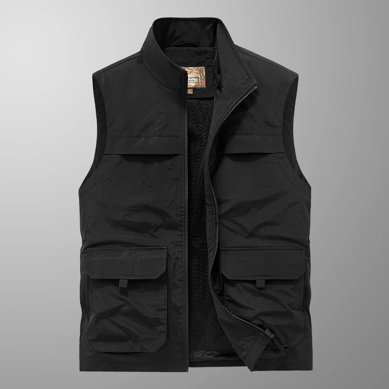 Mens Outdoor Multi-Pocket Open Cardigan Collared Vest Pure Color Simple Sleeveless Shoulder Pad Fishing Vest Top Sport Vest 250617
