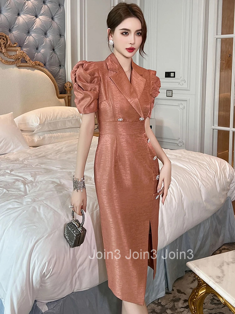Summer Fashion Elegant Office Formal Occasion Pencil Dress Women Clothing Vintage Puff Sleeve Slim Slit Midi Party Prom Vestidos