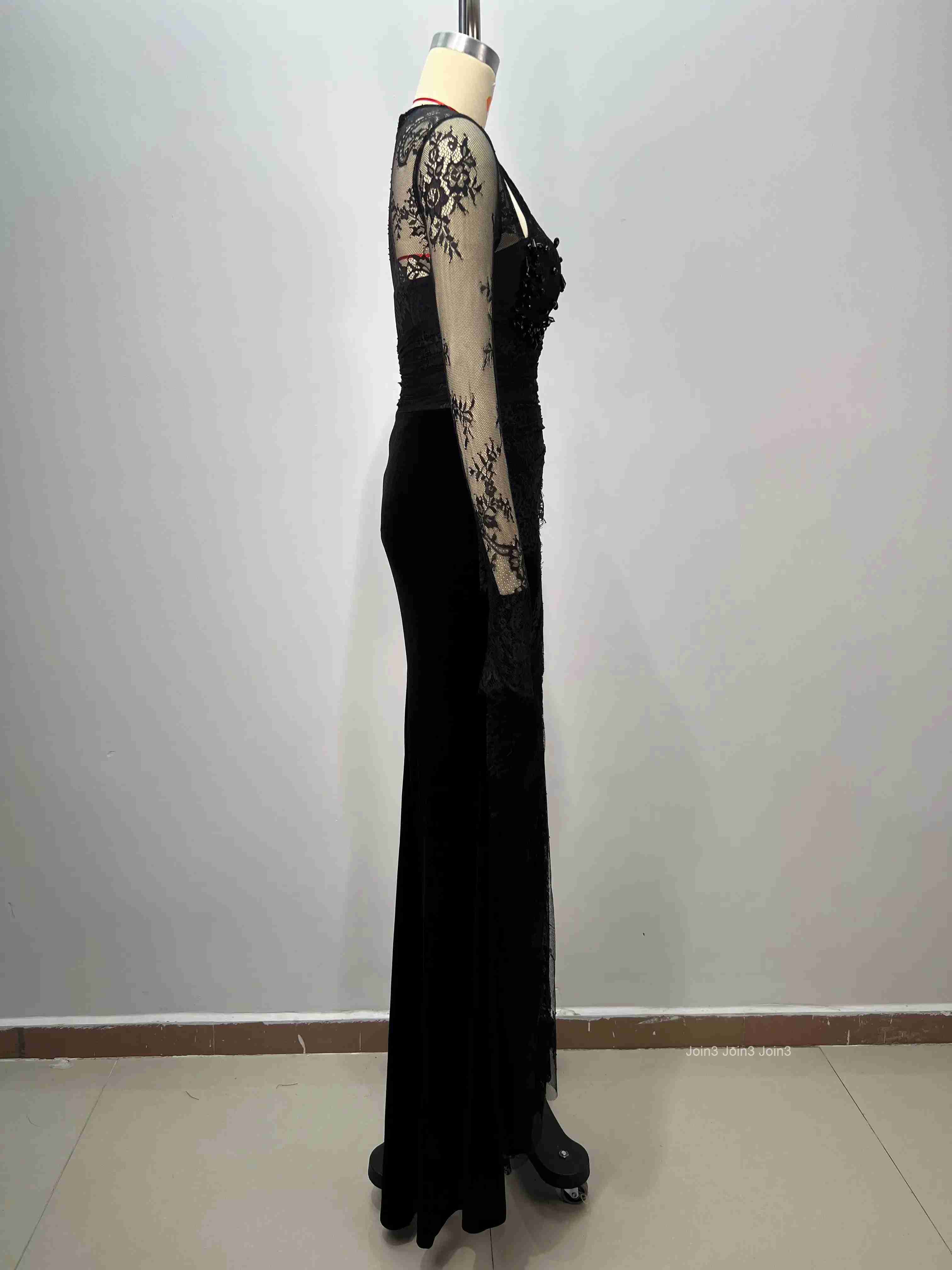 Bandage Dress Black Lace Long Sleeve Backless Mermaid Evening Gown Velvet Skirt Beaded Waist Formal Party Wear