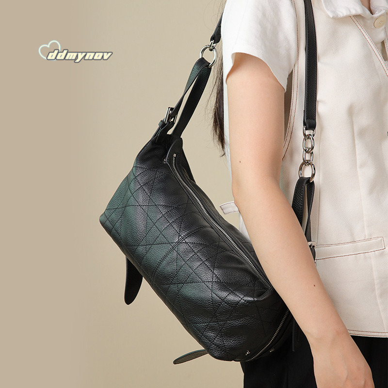 Genuine Leather Women's High-End Shoulder D Brand New Plaid Niche Design Underarm Crossbody Bag for Women ddmynov