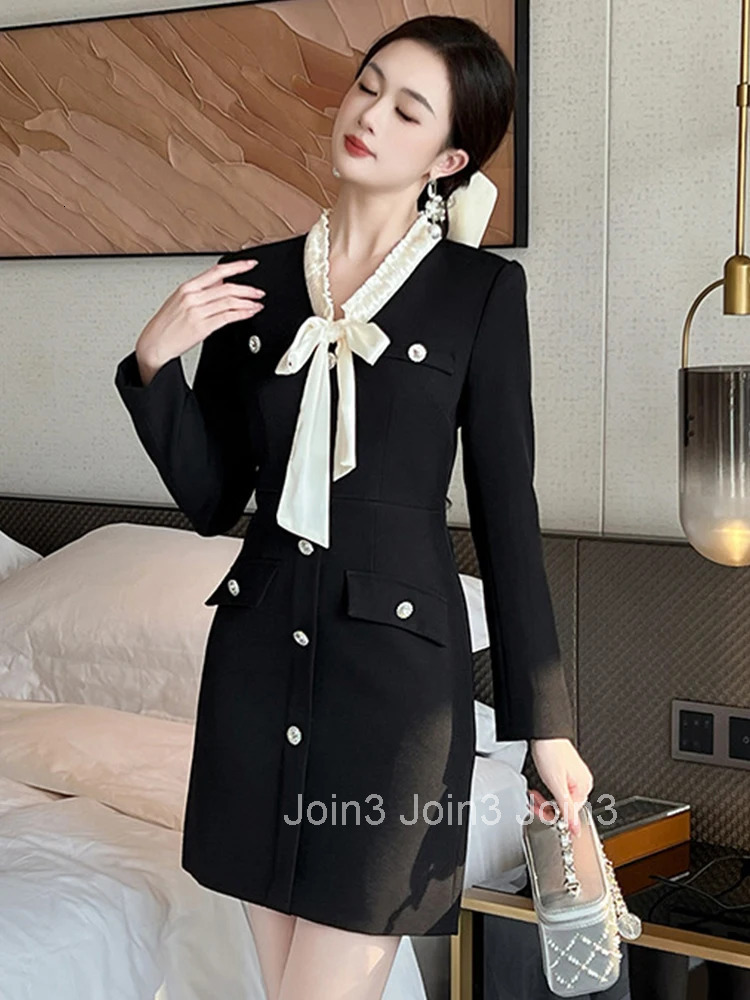 Women Clothes Vintage Formal Occasion Black Bow Neck Slim Mini Short Pencil Dress Elegant Ladies Commute Fashion Party Vestidos