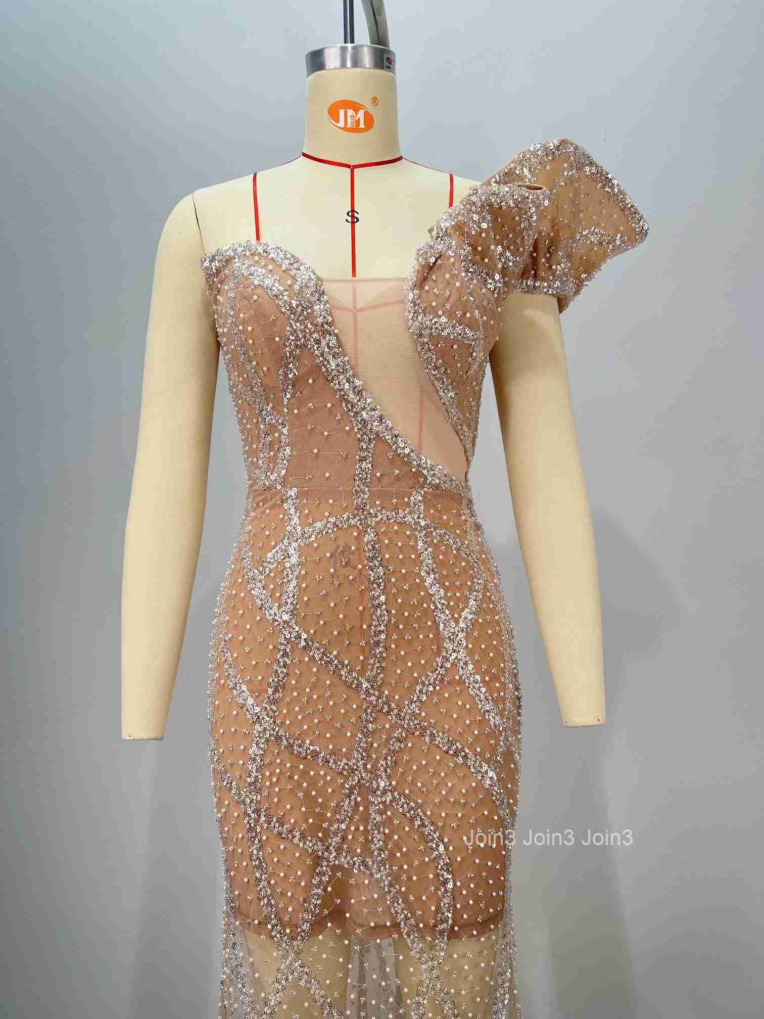 Womens Apricot Bandage Dress One-Shoulder Ruffled Sequin Shoulder Lace Patchwork Evening Gown Formal Party Wear