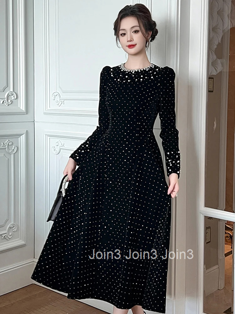 Women Clothes Elegant Luxury Sparkly Black Velvet Pearl O-Neck Slim A-Line Dress Fashion Evening Party Prom Vestidos Robe Casual