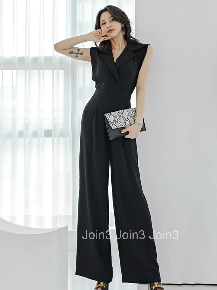 New Summer One Piece Jumpsuits Elegant Office Women Formal Black Sleeveless Party Female Mujer High Waist Wide Leg Loose Rompers
