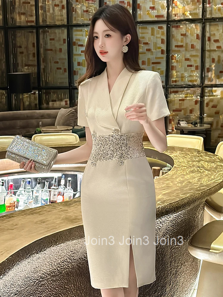 Women Clothes Business Formal Occasion Sequin Splicing Short Sleeve Slim Midi Pencil Dress Elegant Fashion Vestidos Summer New