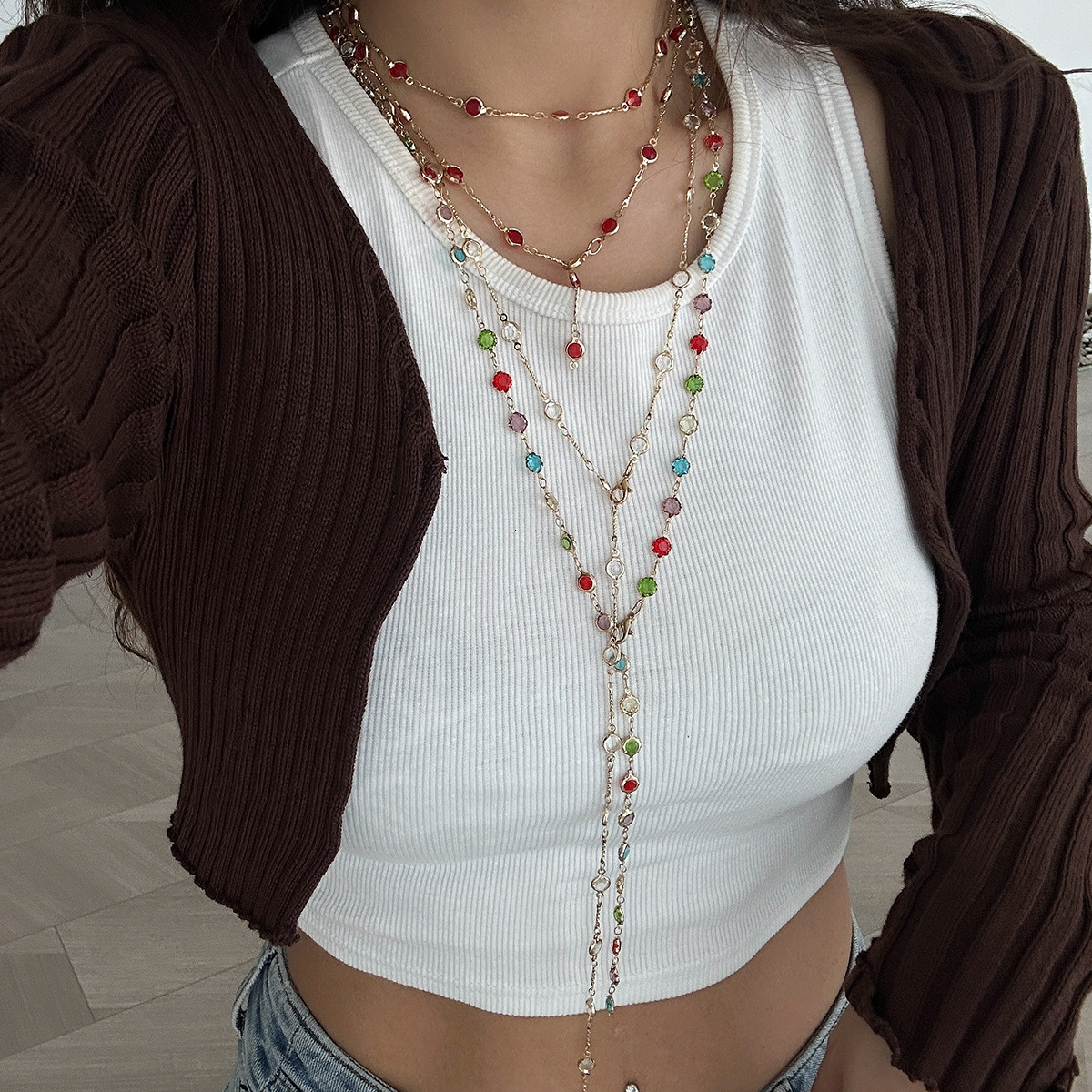 Jewelry Minimalist Style Thin Chain Metal Elegant Long Y-shaped Tassel Rhinestone Necklace for Women