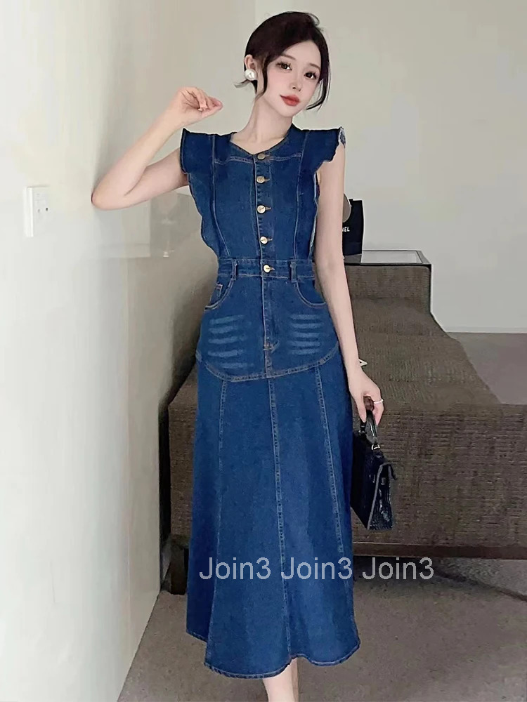 Fashion Summer Denim Long A-Line Dress For Women Lady Preppy Retro Sleeveless Slim Midi Mujer Vestidos Robe Femme Street Clothes