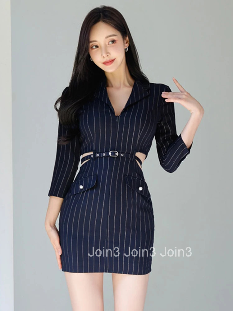 French Style Fashionable Dress Women Korean Professional Exposed Waist Stripes Hollow Belt Mini Gown Femme Office Lady Vesitdos