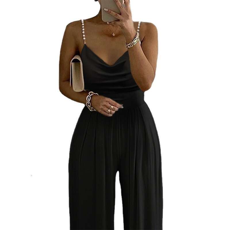 New Style European and American Pearl Strap Wide-Leg Sleeveless V-Neck Backless Long Jumpsuit