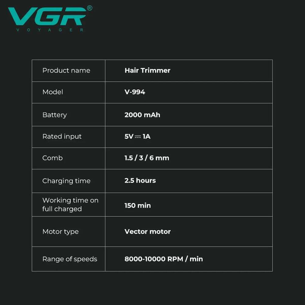 VGR Professional 10000Rpm Vector Motor Barber Cordless Clipper Metal Hair Cut Hine Trimmer For Men V-994
