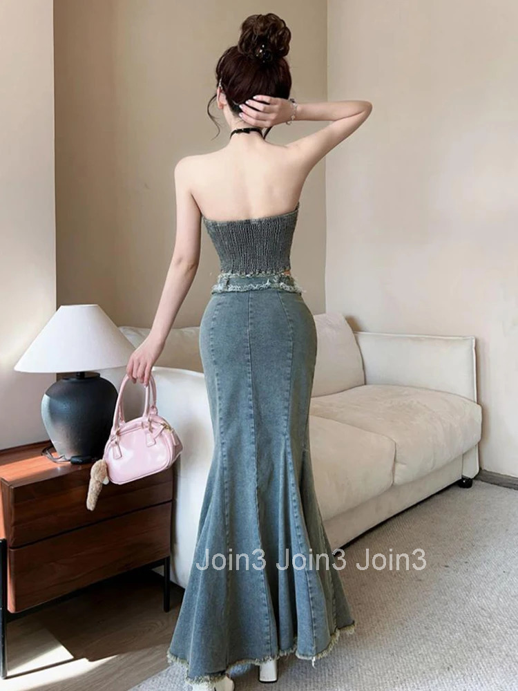 Women Clothes Casual Outfits Sexy Chest Wrapped Cropped Short Tops Shirt Blouse And High Waist Long Skirt Mujer 2 Pieces Set New