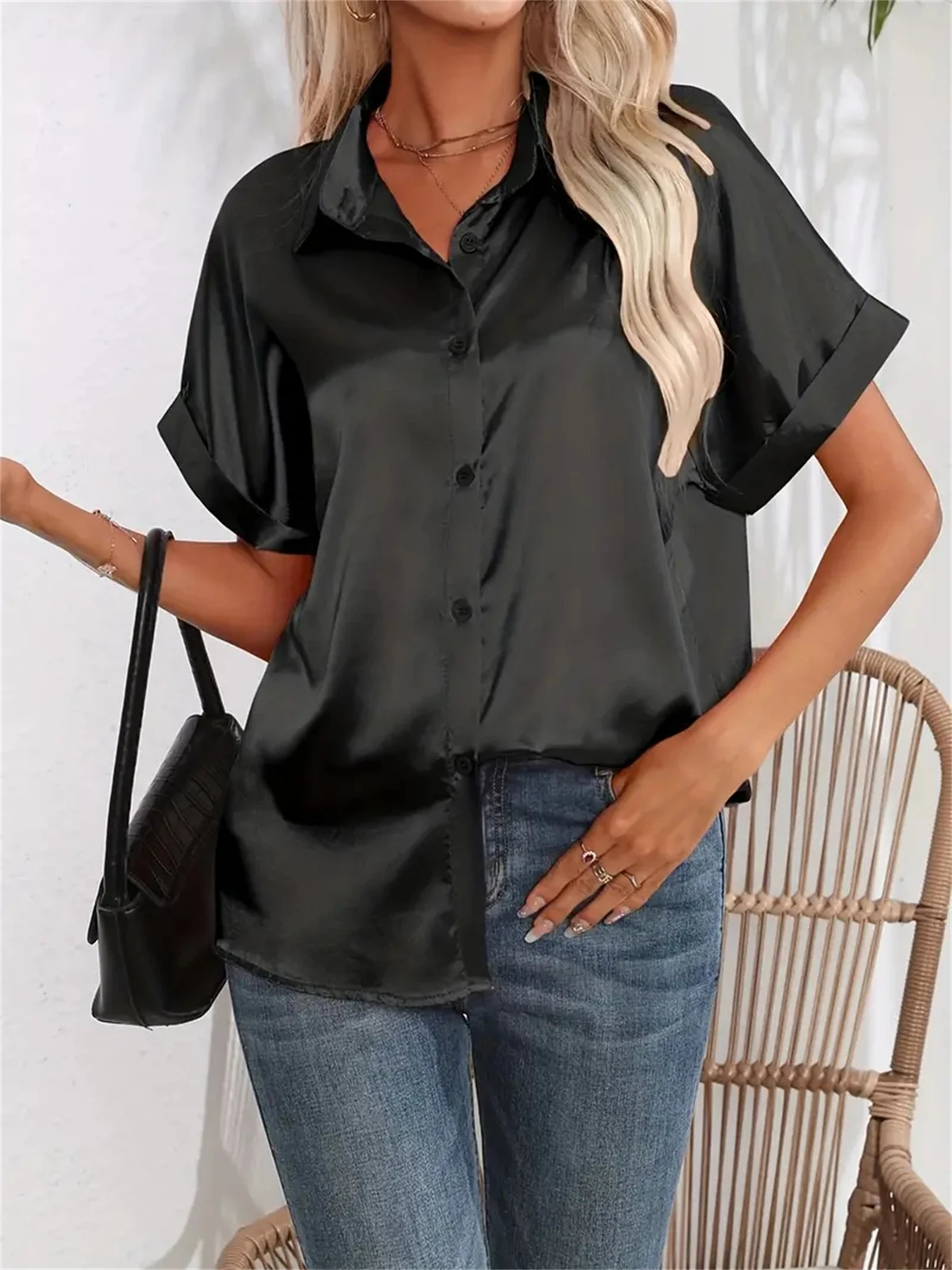 Casual Turn-Down Collar Button Front Solid Color Short Sleeved Satin Shirt Women Summer Blouse 250617