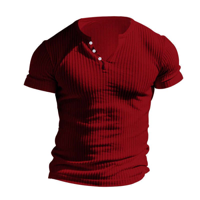 European and American Solid Color Men's New Summer Versatile Short Sleeve Foreign Trade Henley Shirt Fashion Hot Selling Cross-border Casual Knit