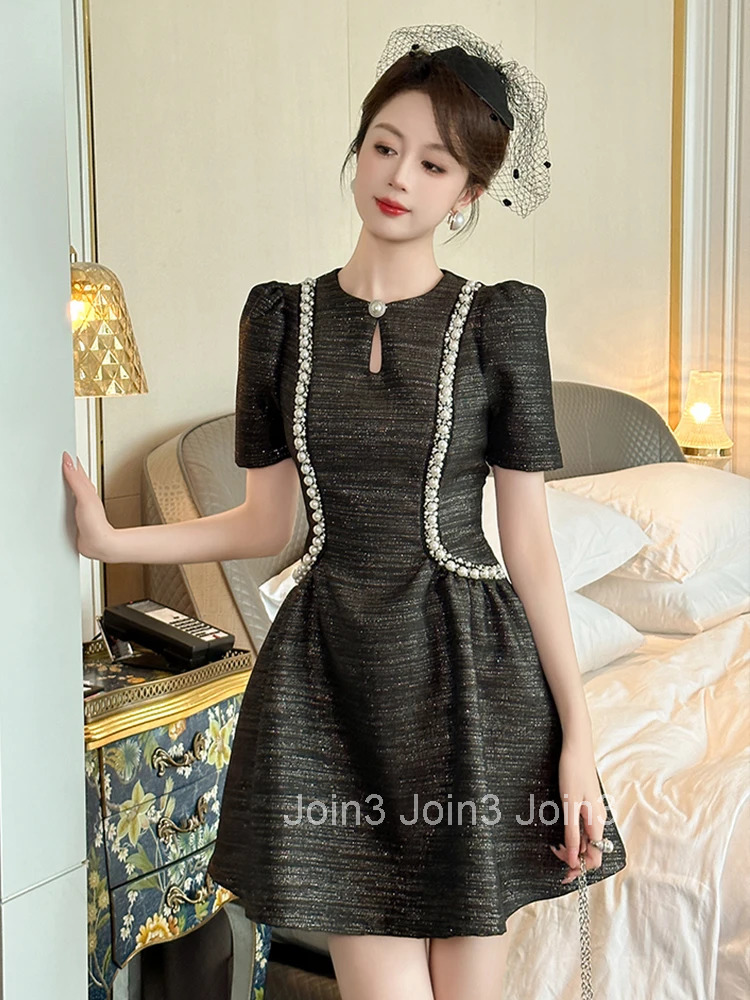 New Summer Elegant Luxury Pearl Gown Evening Dress Women Clothes Sparkly Retro Puff Sleeve Slim A-Line Short Party Prom Vestidos