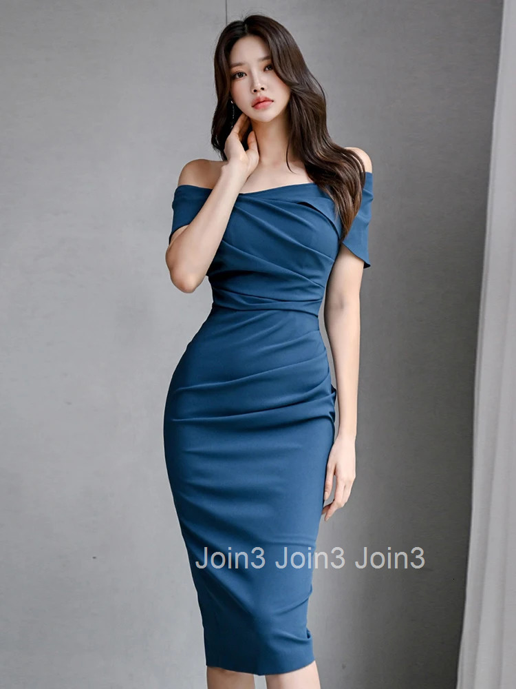 Korean Summer Elegant Women Evening Dress Chic Solid Sexy Off-Shoulder Slim Midi Party Club Beach Prom Robe Femme Mujer Vestidos