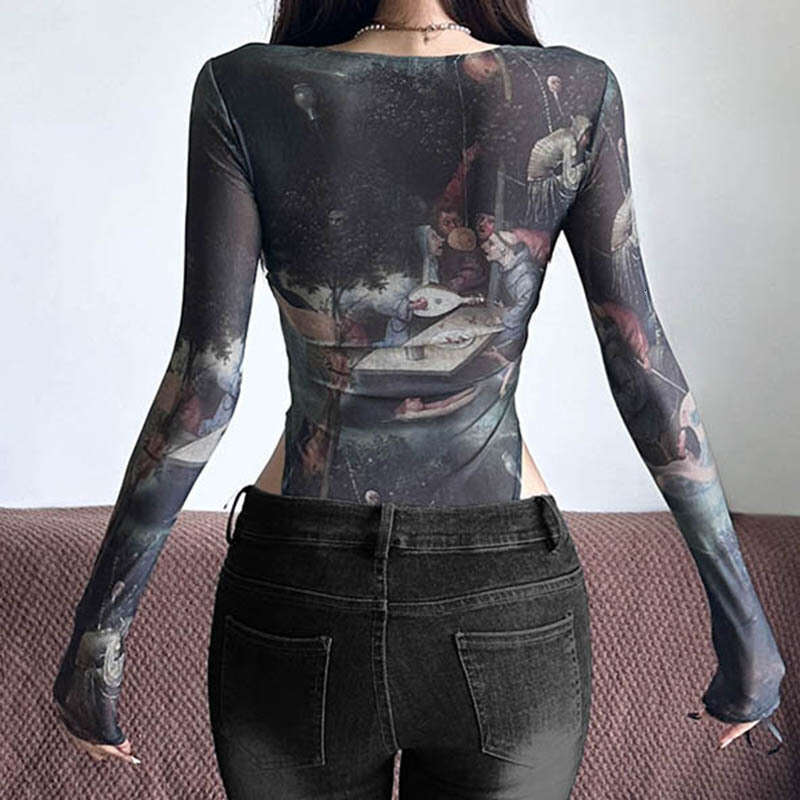 Printed Color-Block Lace Patchwork Pure Desire Mesh See-Through Slim Fit Long Sleeve Jumpsuit New B5