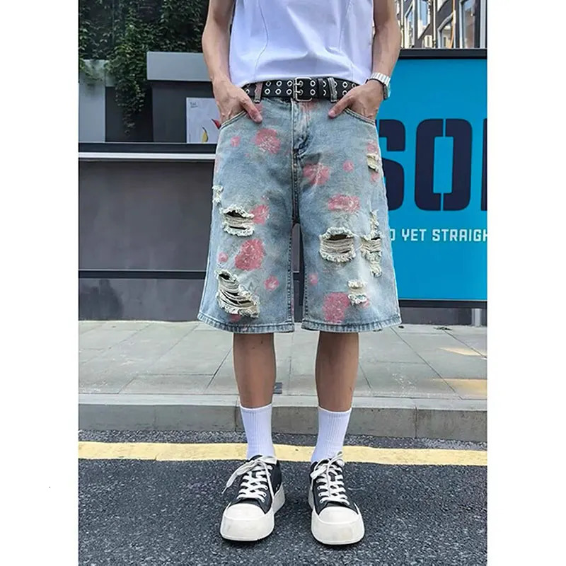 Mens Flower Print Y2k Baggy Ripped Jeans Harajuku Vintage Denim Trousers Japanese 2000s Blue Short Jeans Pants Oversize Clothes 250618
