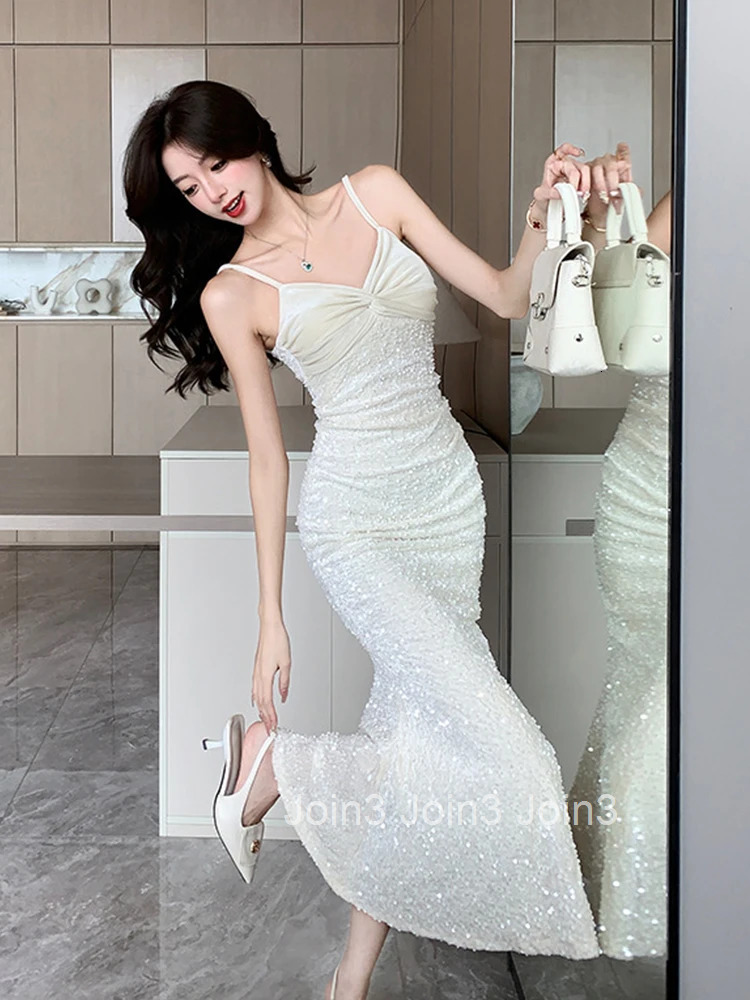 Elegant Evening Party Dress Women White Black Shiny Bright Sequin Strap Skinny Fishtail Robe Female Birthday Banquet Vestidos