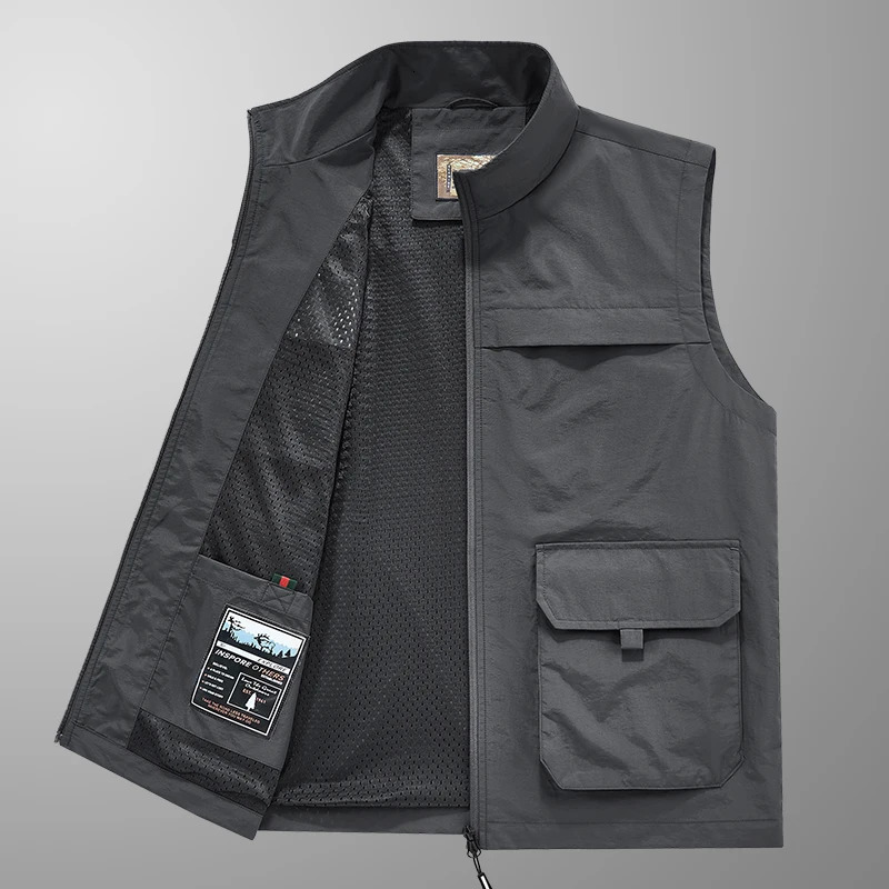 Mens Outdoor Multi-Pocket Open Cardigan Collared Vest Pure Color Simple Sleeveless Shoulder Pad Fishing Vest Top Sport Vest 250617
