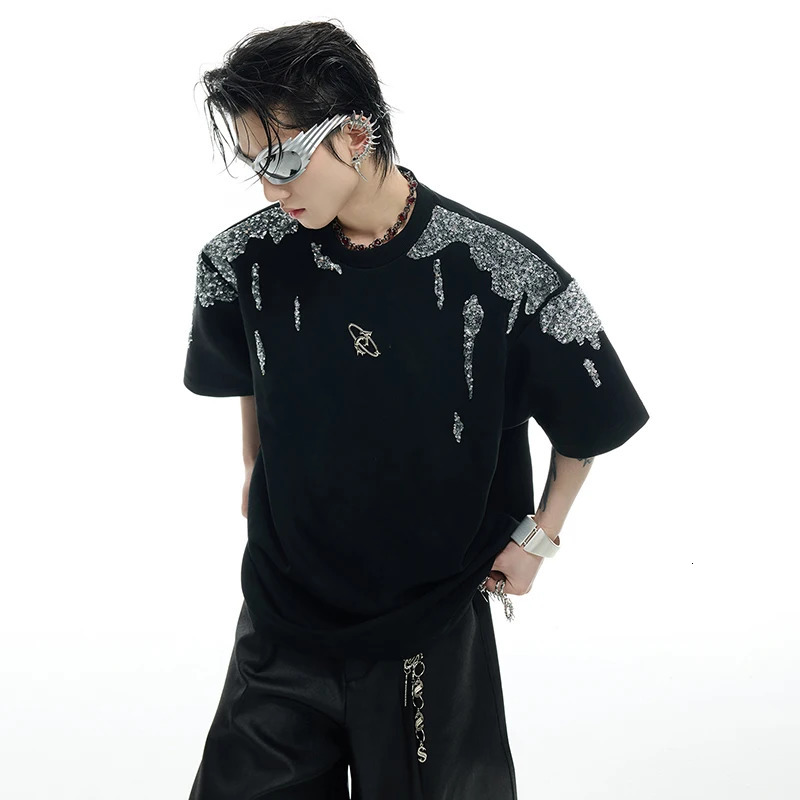 LUZHEN Handsome Streetwear Sequin Patchwork Pattern Short Sleeve T-shirts Men Summer Loose Shoulder Pad Fashion Tops JY1402 250616